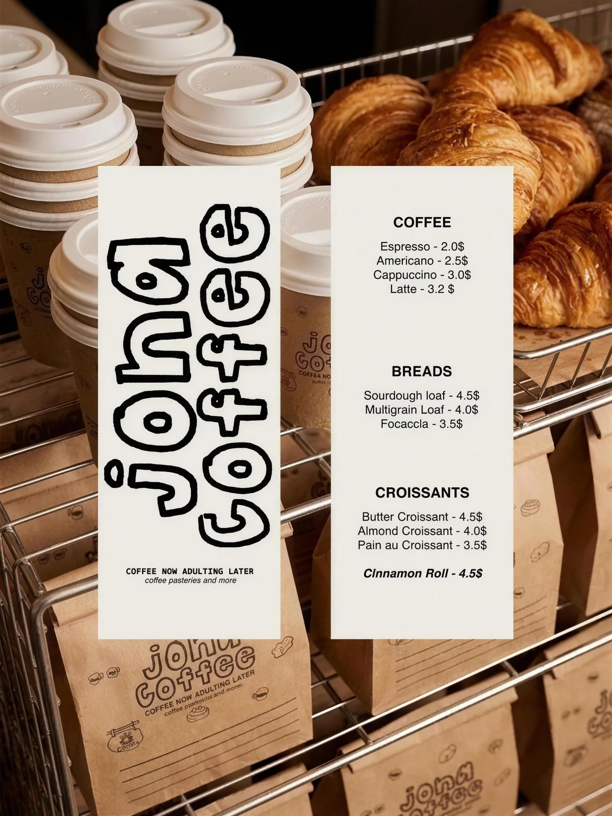 Jona Coffee: the printed menu and price list