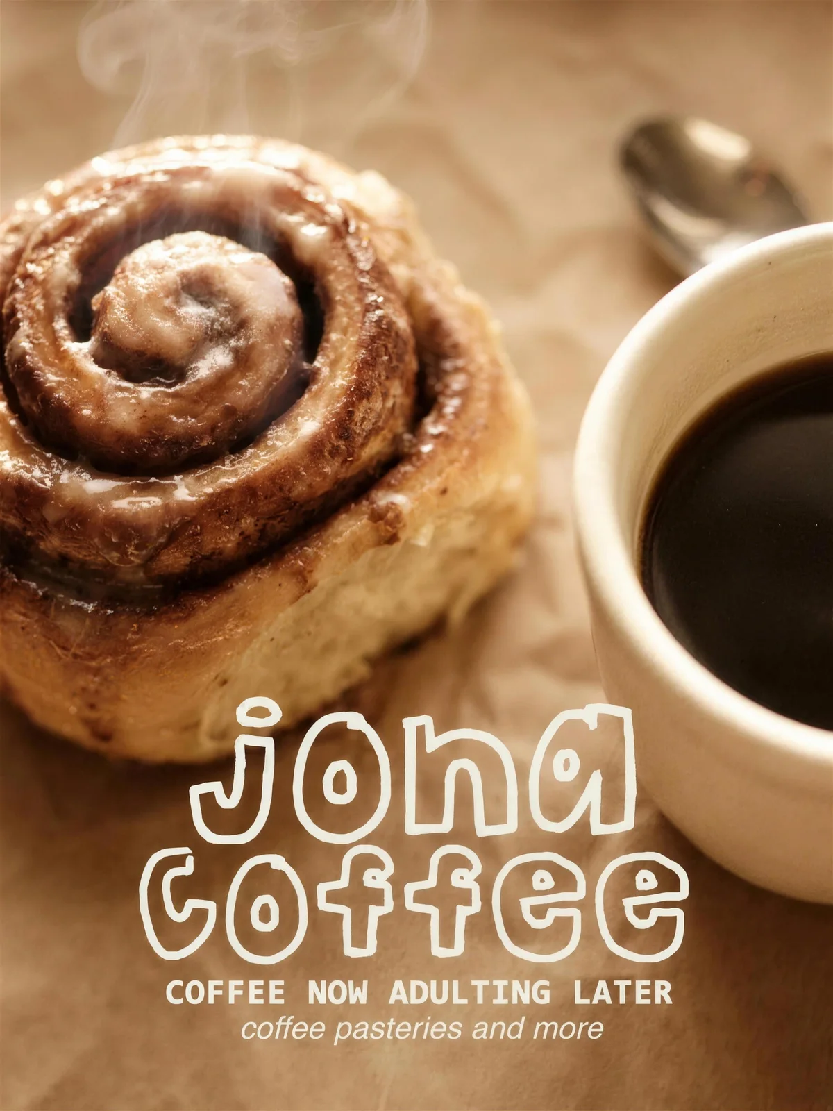 Jona Coffee: the mark over a cinnamon roll and black coffee