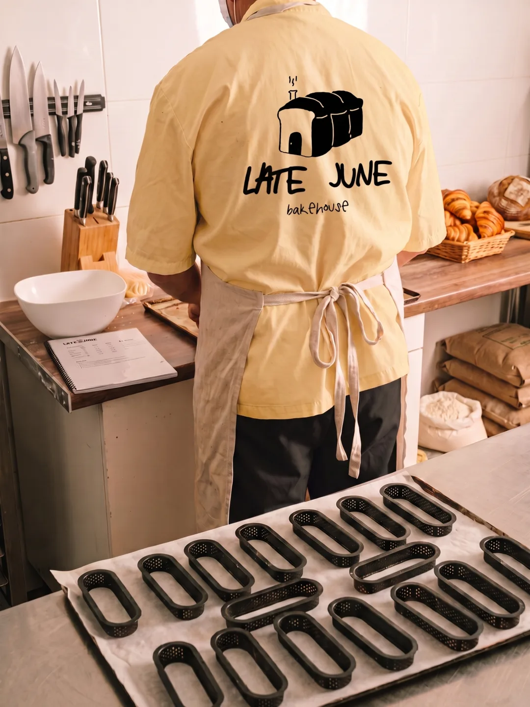 Late June Bakehouse: the mark on the back of a baker's shirt in the kitchen