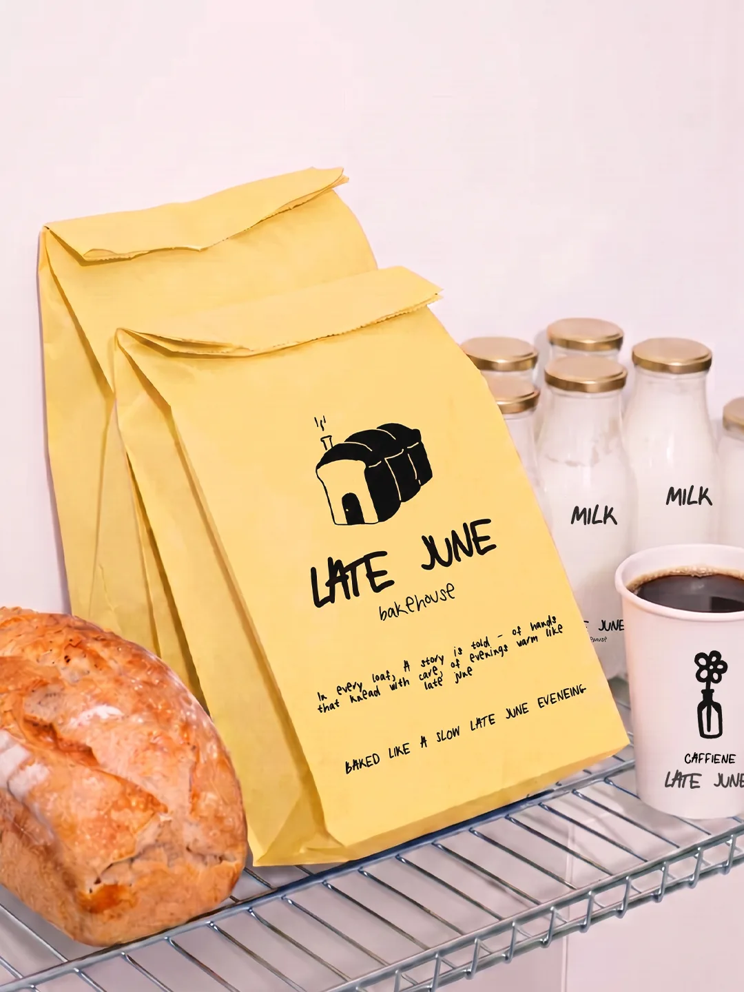 Late June Bakehouse: paper bread bags beside milk bottles and a coffee cup