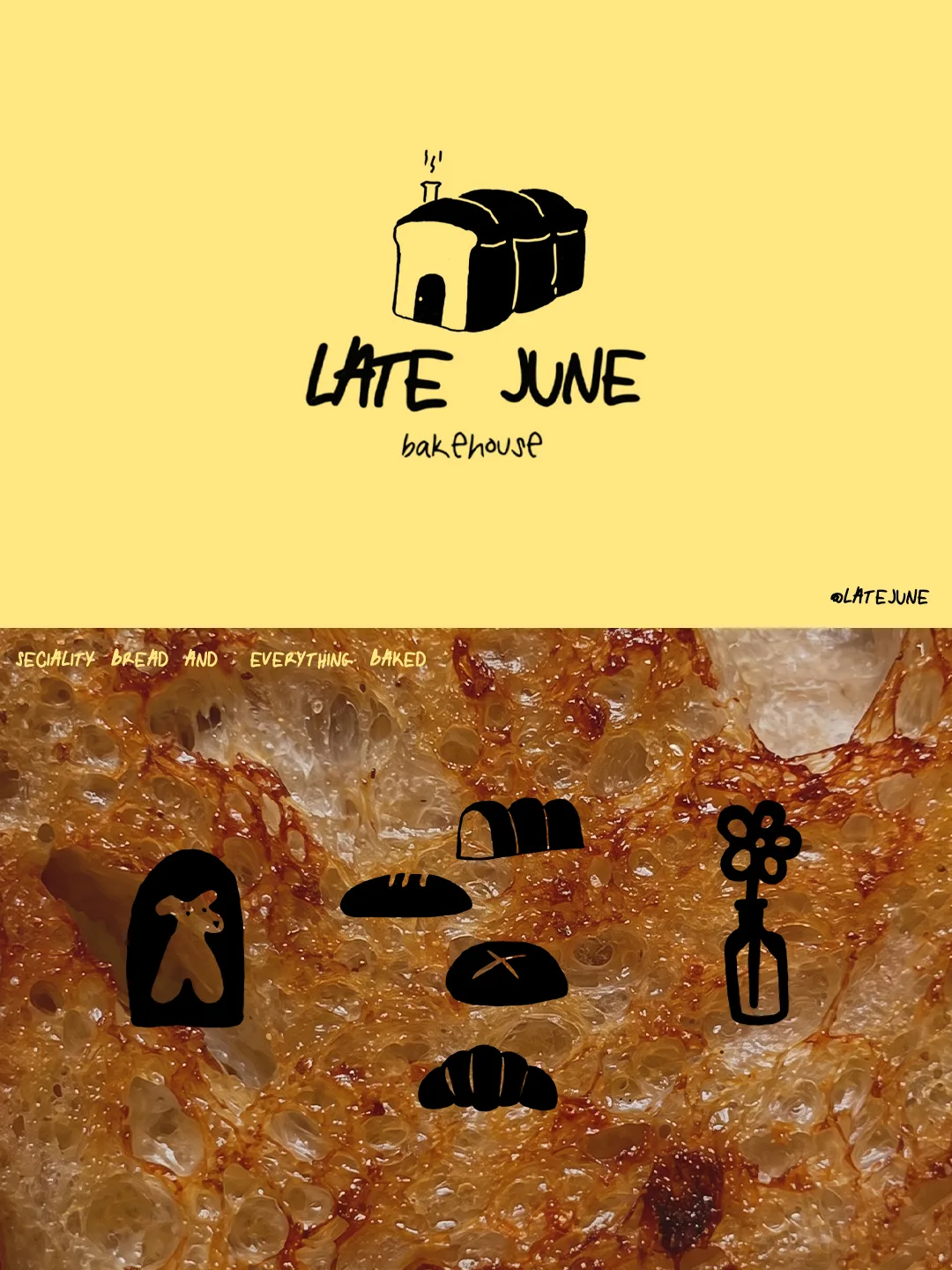 Late June Bakehouse: a poster pairing the logo with bread icons on a crumb texture
