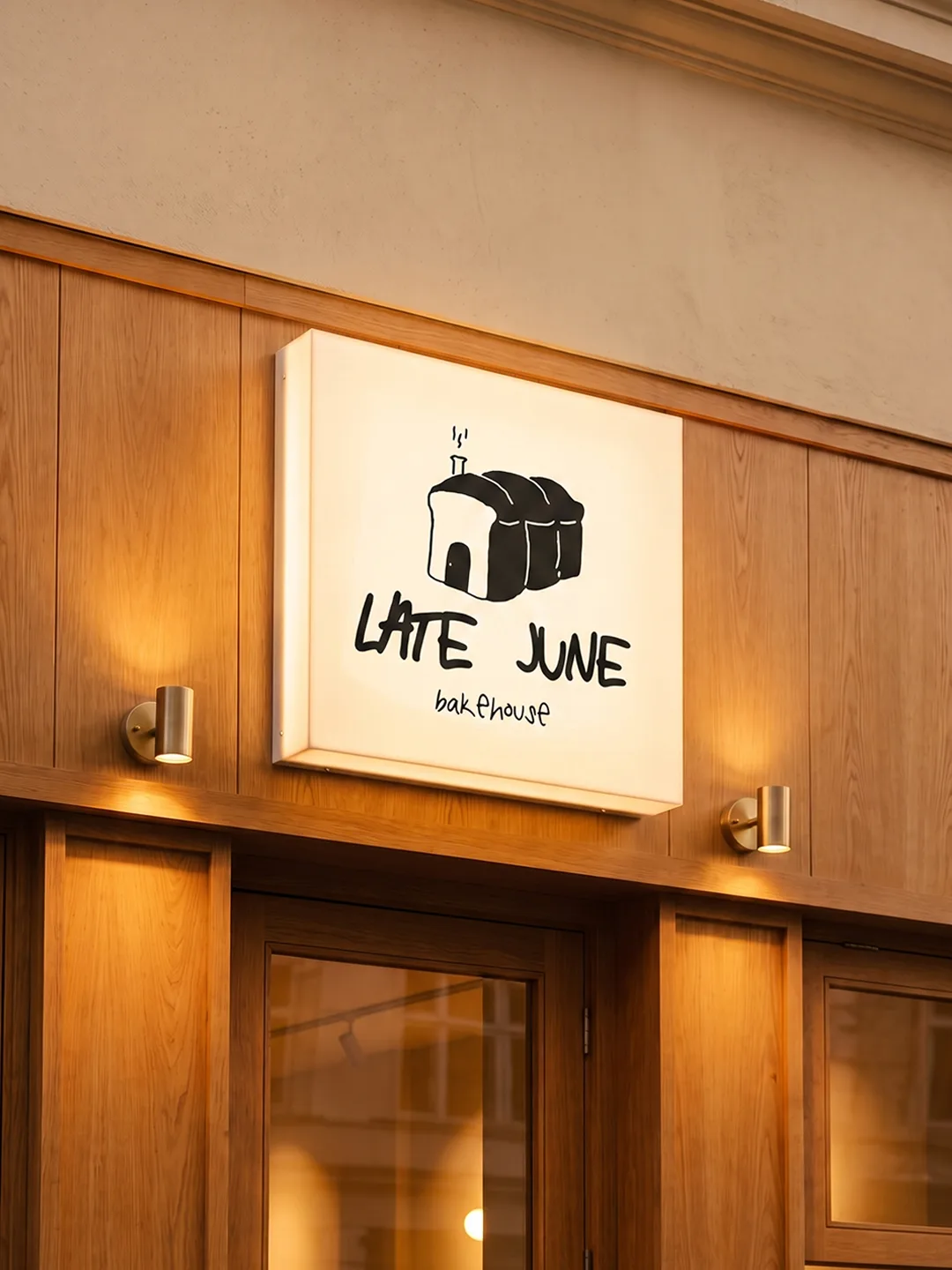 Late June Bakehouse: the lit square sign on a timber shopfront