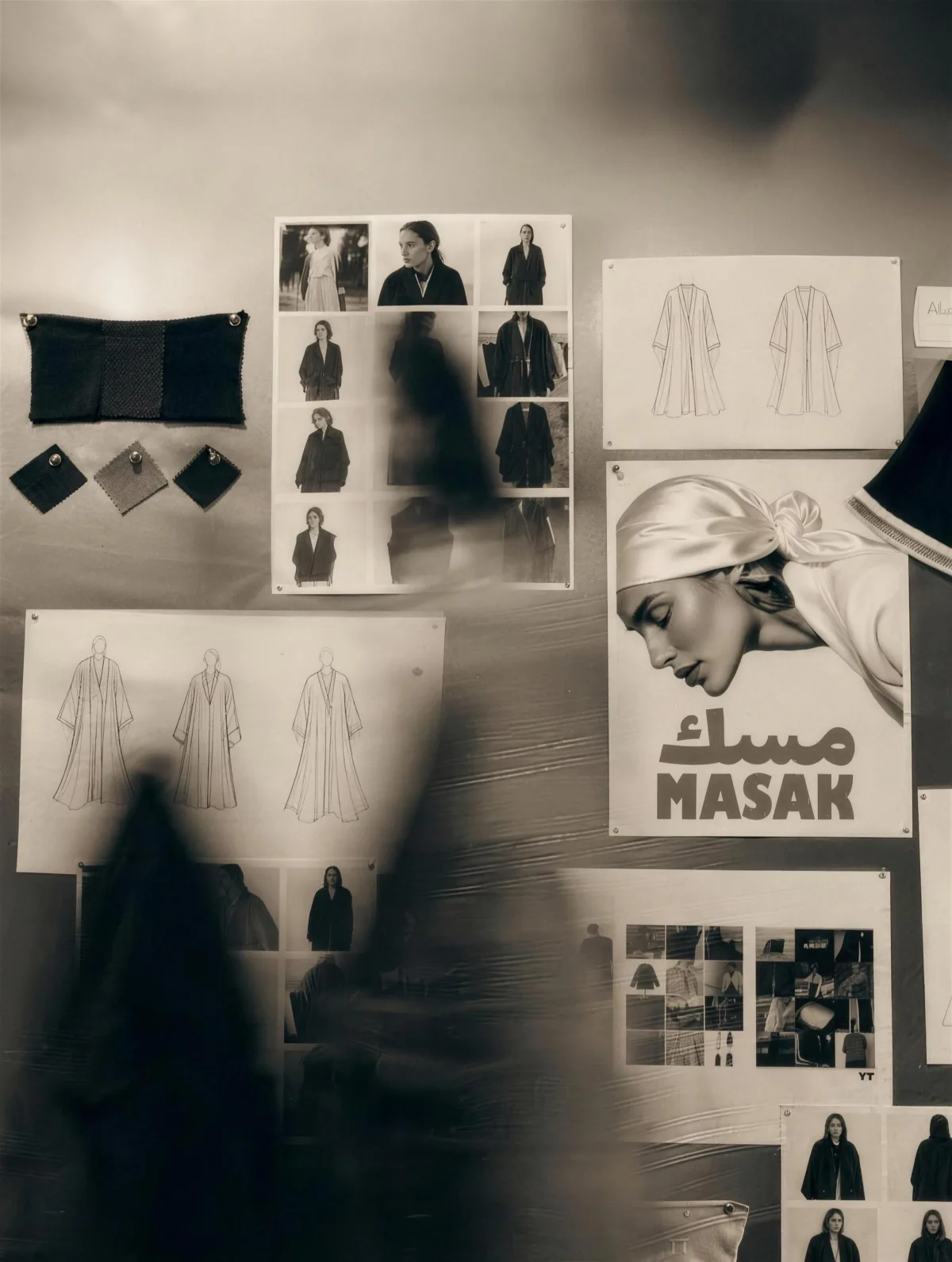 MASAK: the studio wall of sketches, fabric swatches and pinned-up frames