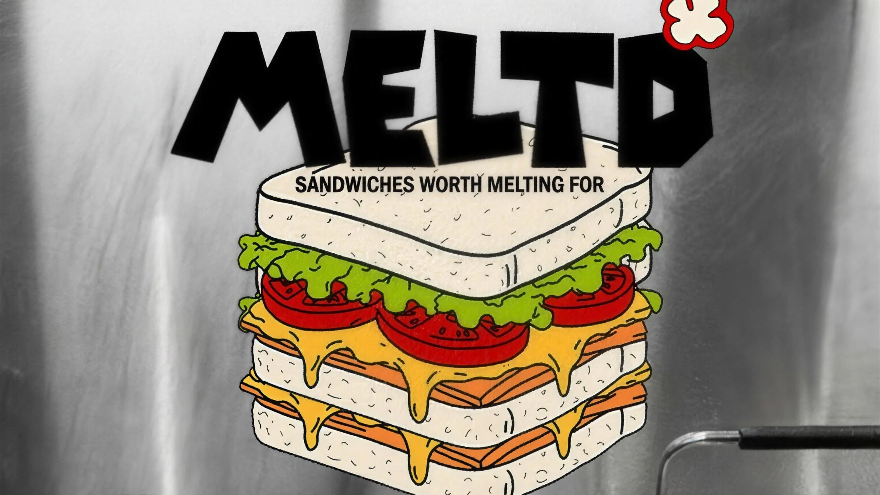 MELTD: the wordmark and sandwich painted across the kitchen wall