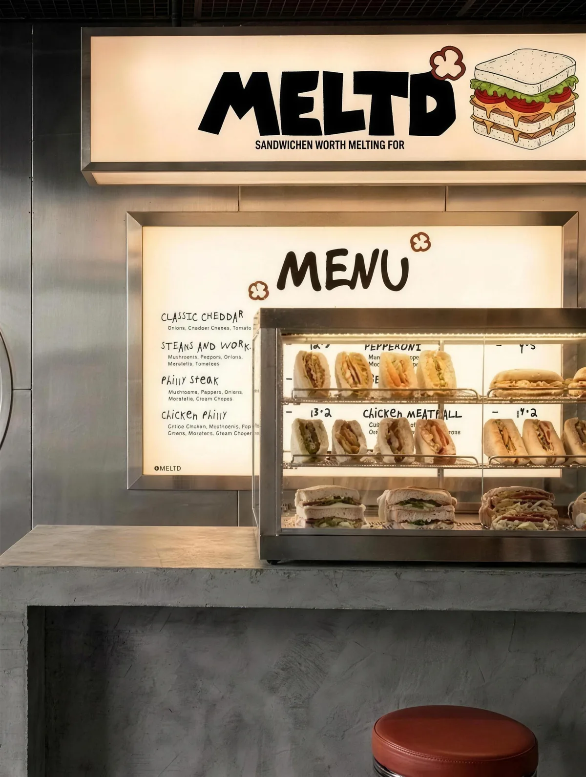 MELTD: the lit menu board above the pass