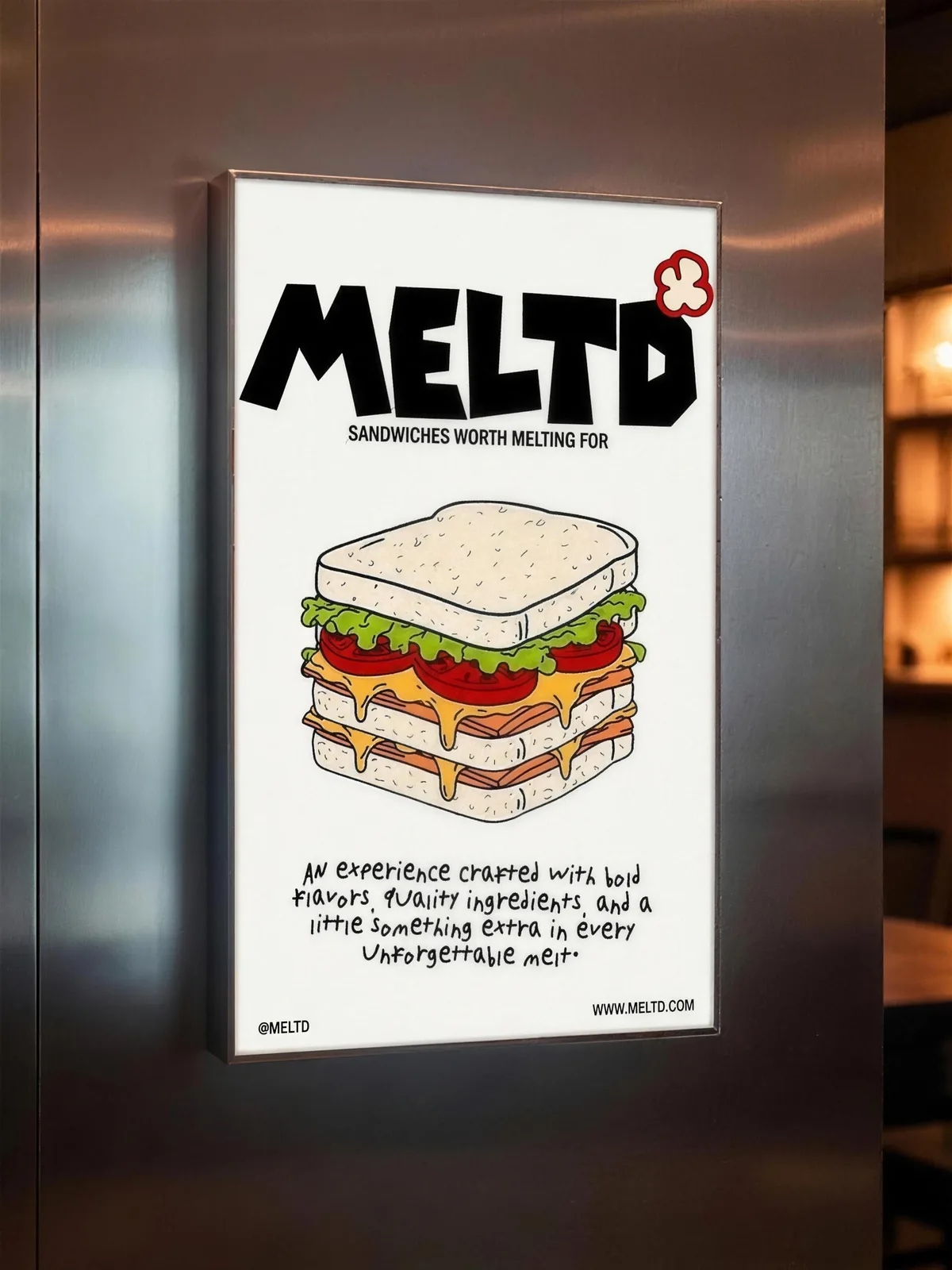 MELTD: the poster lit against a dark wall