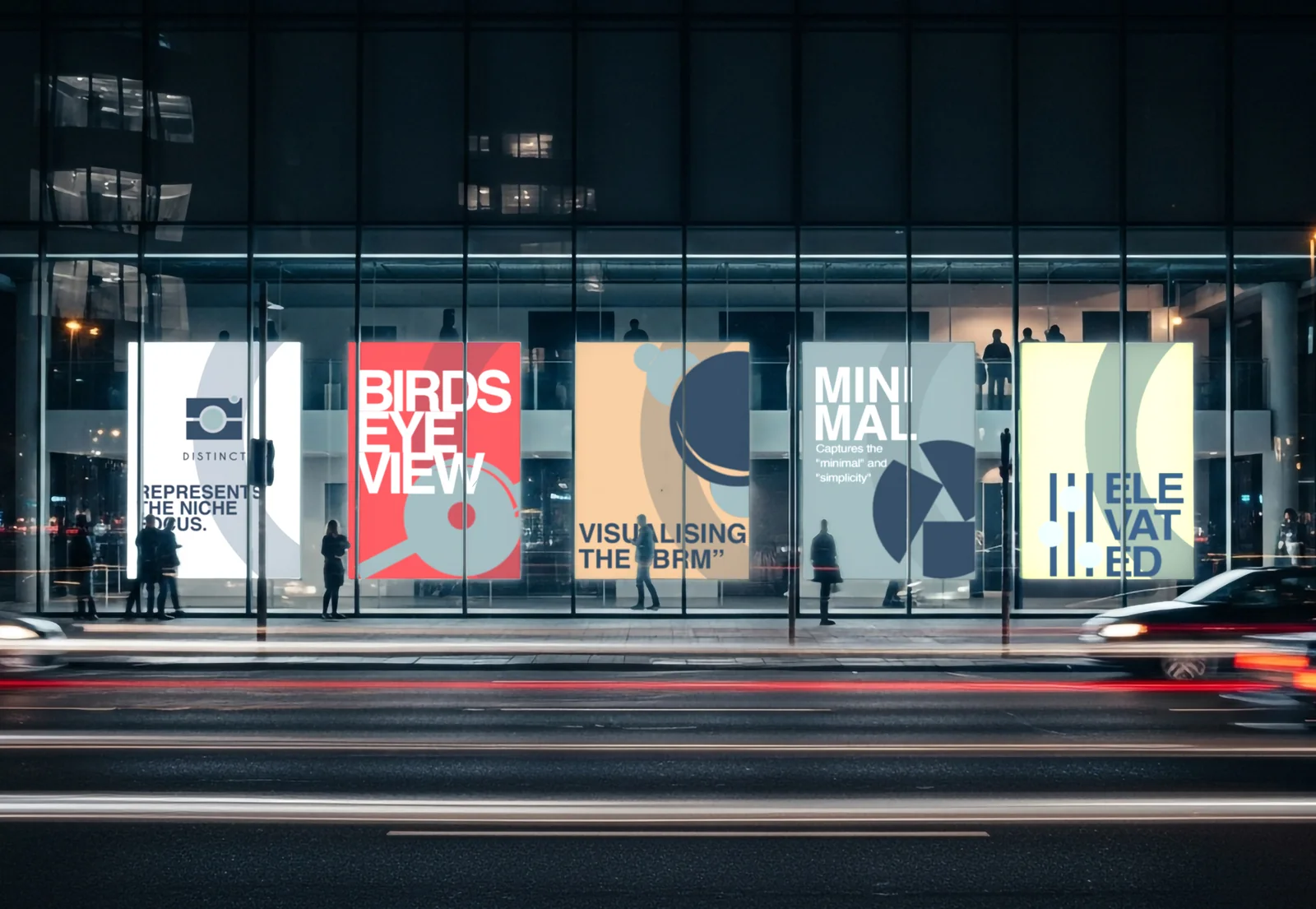 Motiv: the brand across lit shopfront windows at night