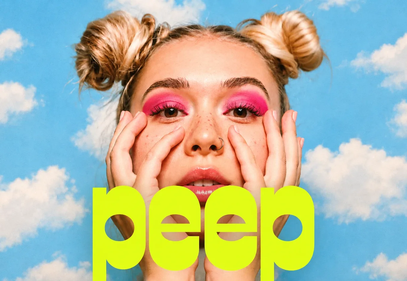 peep: the wordmark in acid yellow over the campaign portrait