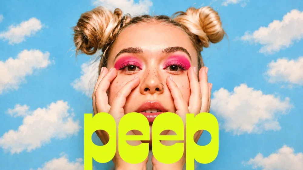 peep: the wordmark in acid yellow over the campaign portrait