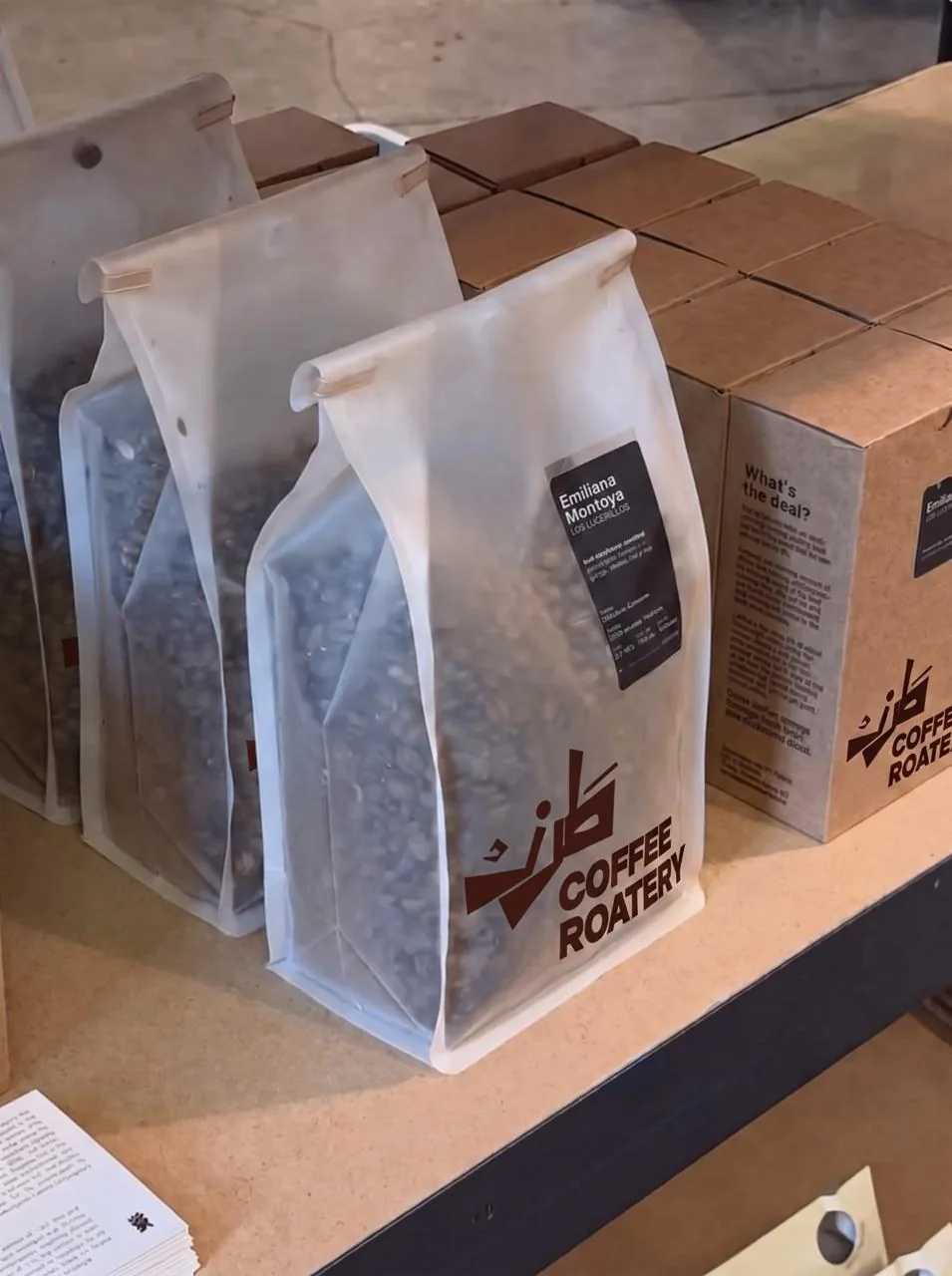 TRZ: roastery bags of whole bean on the counter