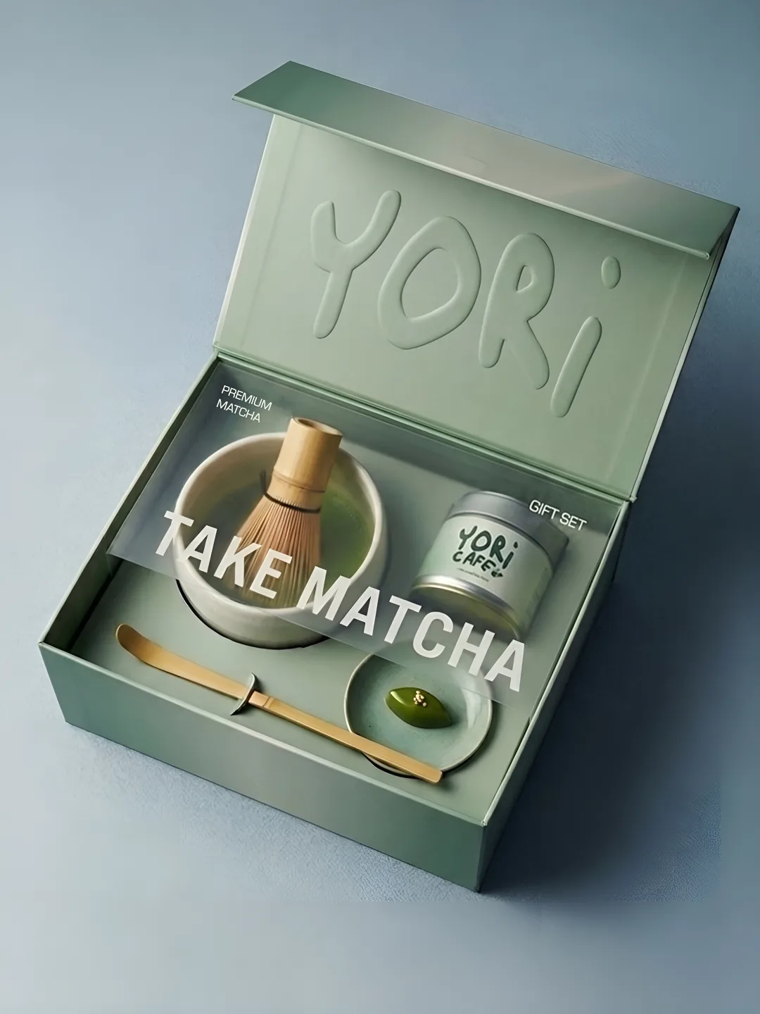 YORI CAFE: the TAKE MATCHA gift set with whisk, scoop, bowl and tin