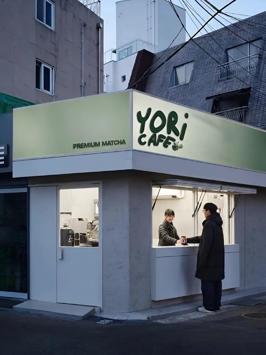 YORI CAFE: the YORI CAFE kiosk with a customer at the pick-up window